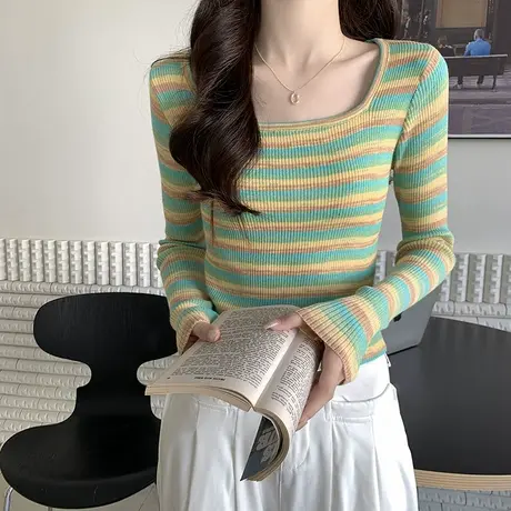 方领条纹长袖针织打底衫女2023秋冬新款修身显瘦内搭辣妹短款上衣图片
