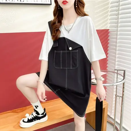 设计感小众短袖t恤女夏装韩版宽松大码中长款假两件上衣连衣裙子商品大图