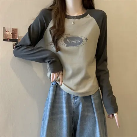 洋气减龄撞色插肩长袖T恤女秋装修身显瘦内搭短款正肩打底衫上衣商品大图