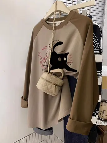 长袖上衣秋装女oversize大码卡其色打底衫ins潮韩版插肩袖内搭T恤商品大图