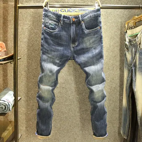 高端水洗耐磨牛仔裤男2024新款春秋季休闲百搭修身小直筒印花长裤商品大图