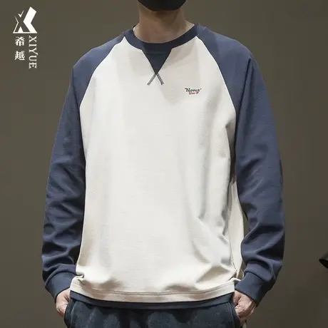 假两件撞色长袖T恤重磅卫衣男春秋字母刺绣T恤宽松大码内搭打底衫商品大图