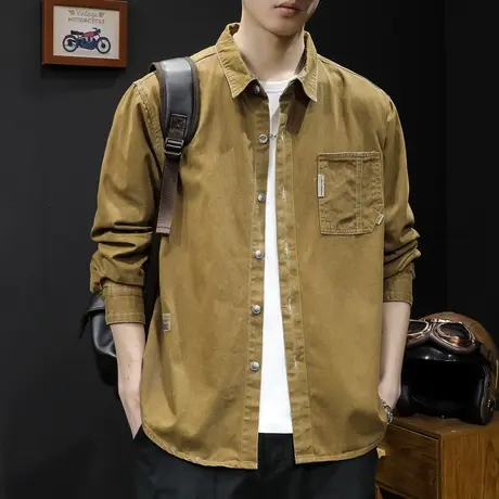 春季男款美式2024新款衬衣外套男士休闲春秋上衣长袖休闲衬衫男商品大图