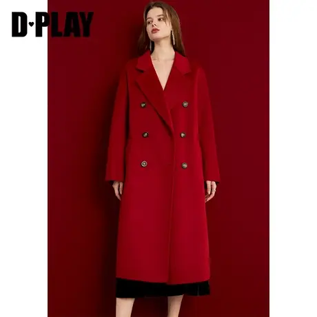 DPLAY冬新重磅战袍复古红大翻领轻奢中长款宽松双面毛呢大衣商品大图