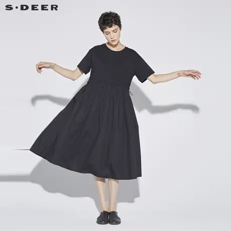 sdeer圣迪奥2019新款女装夏装圆领拼接高腰大摆连衣裙S18281295图片