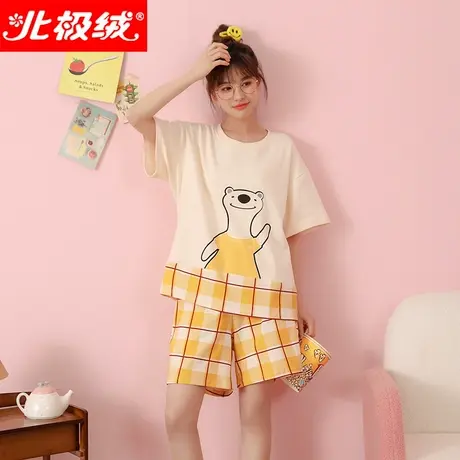 北极绒2022年新款睡衣女夏季薄款纯棉短袖短裤宽松全棉家居服套装商品大图