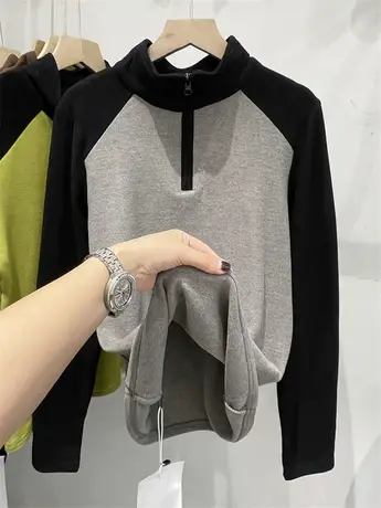 加厚德绒半拉链立领长袖T恤女卫衣2024秋冬款显瘦拼接撞色打底衫商品大图
