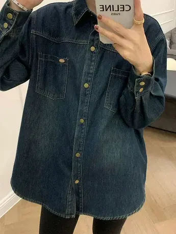 欧货复古蓝色加绒牛仔衬衫女秋冬季2023新款宽松休闲百搭外套洋气商品大图