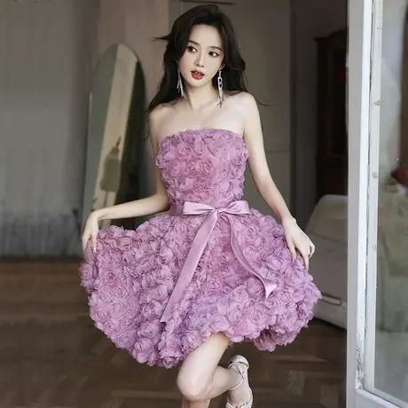 宴会小个子晚礼服女party生日派对高级感法式抹胸轻奢名媛连衣裙图片