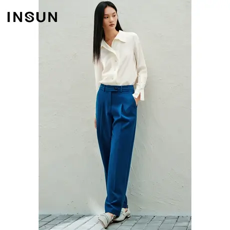INSUN恩裳春季海港蓝弹力直筒垂感休闲裤商品大图