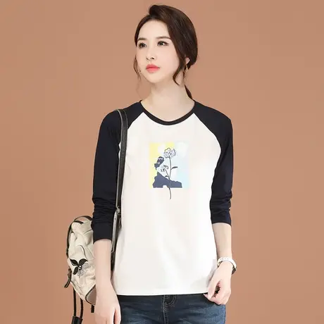 【1月17日春装上新7.8折】圆领撞色刺绣长袖T恤女休闲打底衫上衣图片