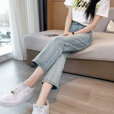 浅蓝色牛仔裤女秋季新款高腰显瘦九分小个子烟管八分直筒法棍裤子商品大图