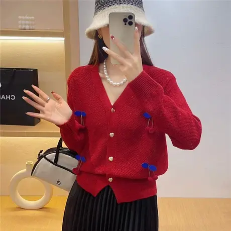 春装红色V领毛衣女2024新款爆款针织开衫外套女宽松加厚慵懒上衣图片