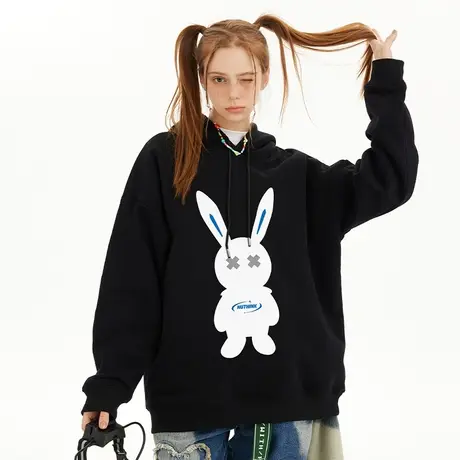 潮牌ins原宿风小兔子连帽卫衣男女同款潮流宽松加肥加大情侣外套商品大图
