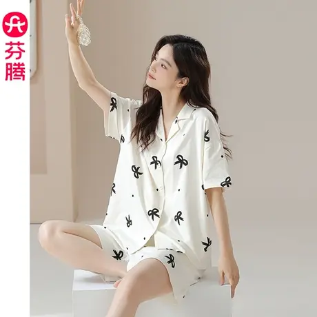 芬腾纯棉睡衣女夏季短袖短裤薄款开衫翻领抗菌抑螨休闲家居服套装商品大图