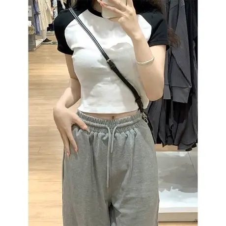 拼接撞色插肩短袖T恤女2024年新款早春夏装韩版修身纯棉短款上衣商品大图