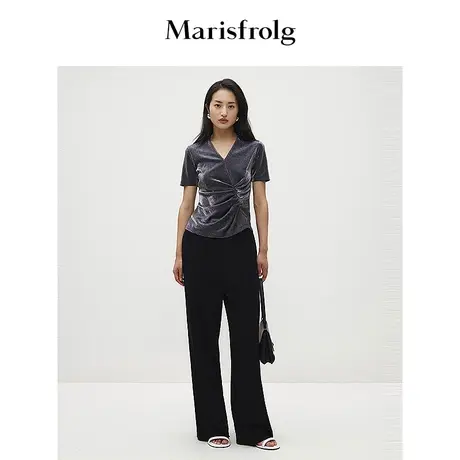 【商场同款】玛丝菲尔2024春季新款银黑V领短袖抽褶修身T恤上衣女图片