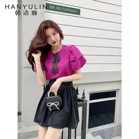 韩语琳空间法式泡泡袖设计感小众蝴蝶结衬衣宽松显瘦短袖雪纺衫商品大图