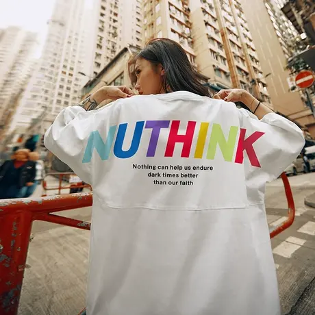 Nuthink欧美高街字母大码短袖男款潮牌情侣装T恤男宽松蝙蝠袖夏季商品大图