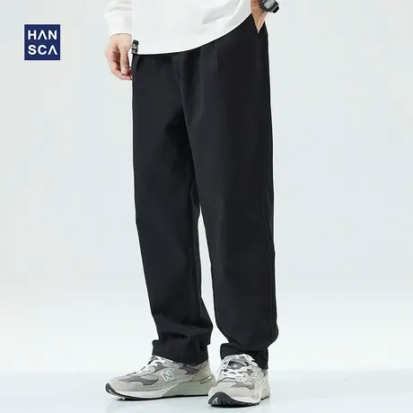 hansca纯棉休闲裤男冬季宽松直筒青少年新款潮流百搭黑色运动长裤商品大图
