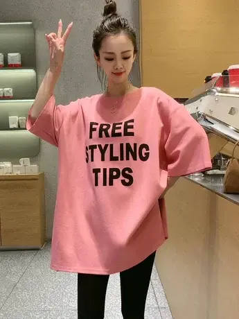 欧货时尚洋气大板宽松字母印花下开叉中长款短袖T恤女装夏季上衣商品大图