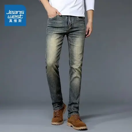 KF真维斯男装2024春季新款 潮流修身小脚男裤水洗可翻边牛仔长裤图片