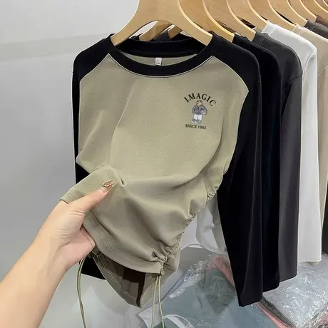 长袖t恤女春秋季纯棉撞色小个子抽绳美式上衣chic早春设计感女士图片
