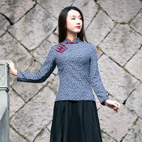 筠雅唐装女 中国风改良旗袍上衣汉服偏襟盘扣碎花复古民族风女装商品大图