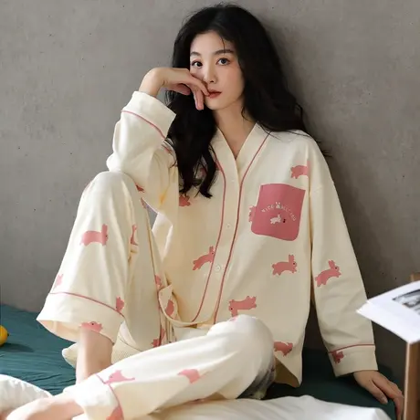 婷美秋冬款睡衣女士纯棉长袖v领开衫春秋季简约可外穿家居服套装商品大图