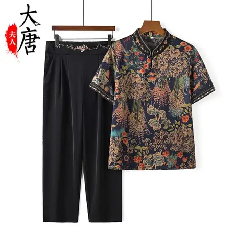 奶奶夏装短袖套装女中老年人绣花T恤妈妈装两件套70岁80老人衣服图片