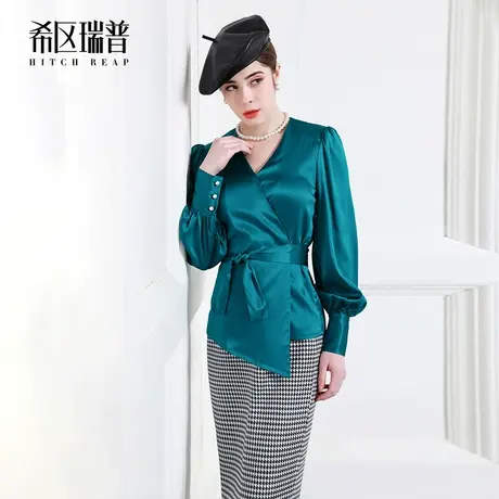 希区瑞普高端重磅缎面真丝衬衫女气质V领收腰衬衣时尚欧货春季款图片
