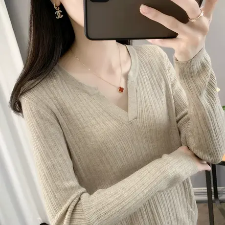 剪刀领纯色毛衣女2023秋冬新款修身弹力针织衫简约内搭打底衫上衣商品大图