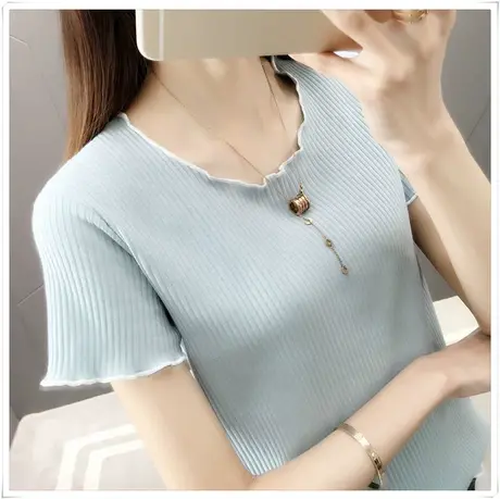 短袖女2023新款T恤冰丝针织打底衫ins潮修身上衣夏洋气网红秋冬商品大图