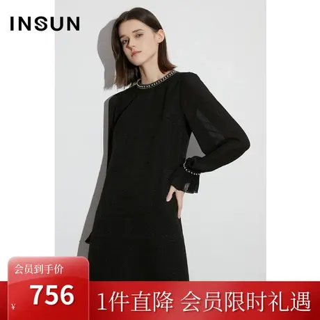 [触感香风]恩裳COVER2023早春新款肌理层次感黑色花纱格纹连衣裙图片