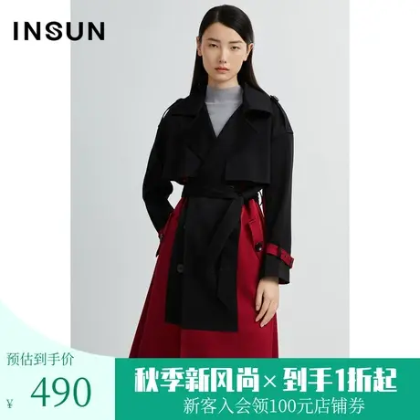 恩裳春季撞色拼接腰带时尚设计感双排扣中长款风衣图片