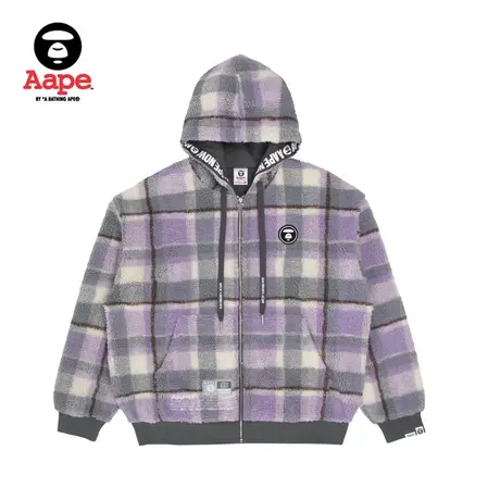Aape旗舰店男装秋冬格纹撞色拼接厚款薄绒连帽卫衣外套3972XXJ商品大图