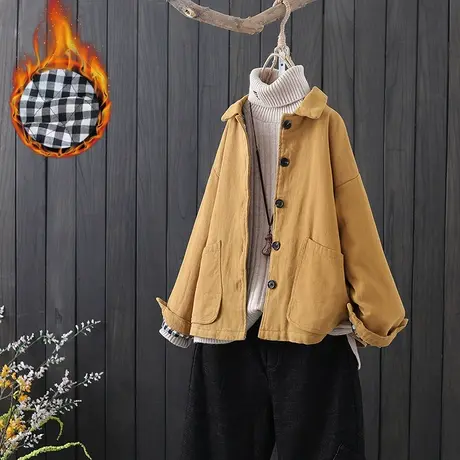 复古文艺大口袋翻领外套女长袖冬季新款宽松百搭夹棉加厚棉衣棉服图片