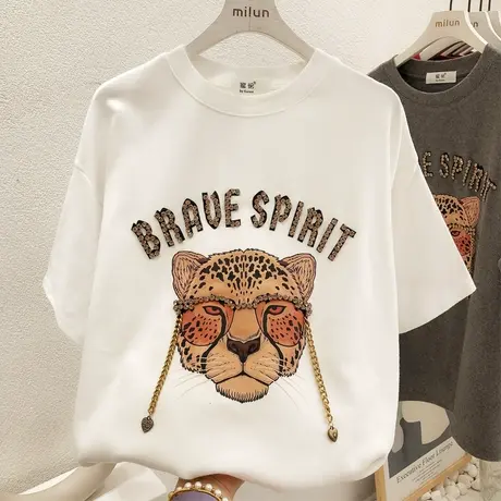 2022早春新款韩国东大门老虎T恤水钻磨毛加厚宽松上衣男女本命年商品大图