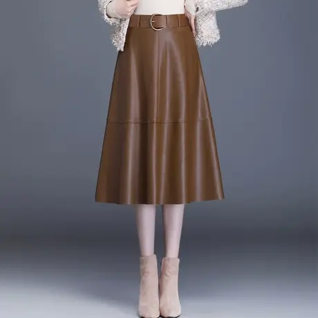 半身裙女春秋pu皮裙子2023新款收腰遮胯A字裙中长款气质百褶伞裙图片