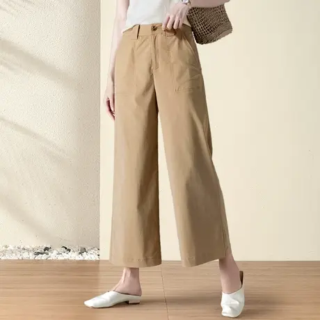 卡其色阔腿裤夏女薄款高腰垂感天丝女裤九分裤宽松胖mm直筒休闲裤商品大图