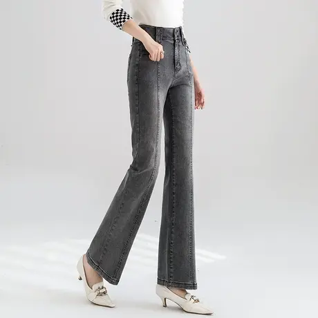 烟灰色微喇牛仔裤女2023新款秋季女裤春秋显瘦裤子高腰直筒喇叭裤商品大图