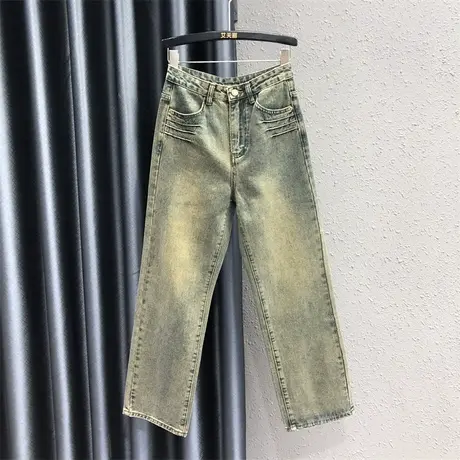 美式复古怀旧牛仔裤女2023秋季新款褶皱高腰垂感直筒裤阔腿拖地裤图片