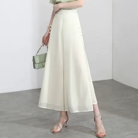 雪纺开叉阔腿裤女2023新款夏季薄款垂感休闲直筒裤中国风九分裙裤商品大图