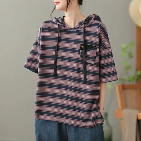 dza纯棉连帽短袖T恤女2023夏季薄款条纹打底体恤宽松显瘦外搭上衣图片