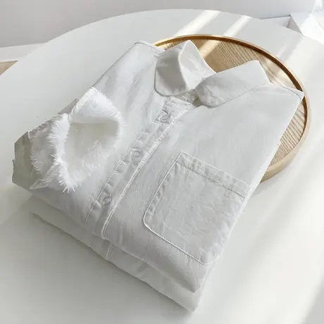 秋冬新款文艺职业加绒纯棉白衬衫女学生长袖宽松加厚保暖打底上衣图片