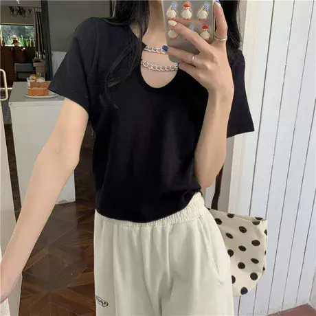 2023年新款女装别致设计感小众辣妹短款上衣白色短袖t恤薄款夏装图片