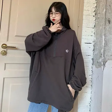 oversize卫衣女2020春秋薄款宽松韩版潮ins上衣bf慵懒风拉链外套商品大图