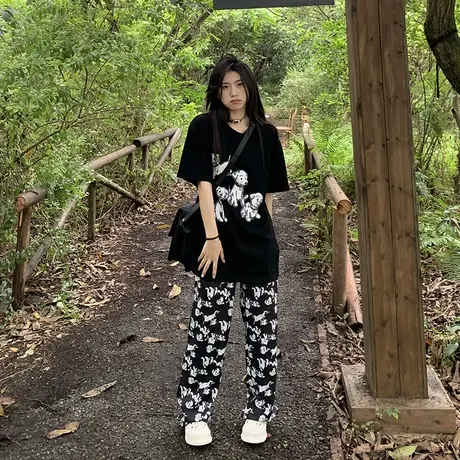 纯棉港风运动服套装女夏季薄款宽松短袖长裤小个子时尚休闲两件套商品大图