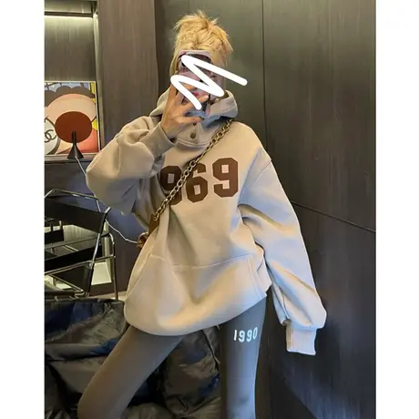连帽卫衣女宽松oversize慵懒风春秋薄款美式复古落肩上衣外套潮图片