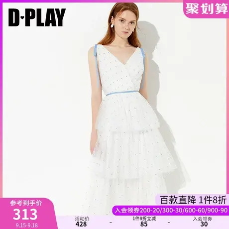 DPLAY夏季新款欧美V领波点网纱裙装女士气质收腰连衣裙图片